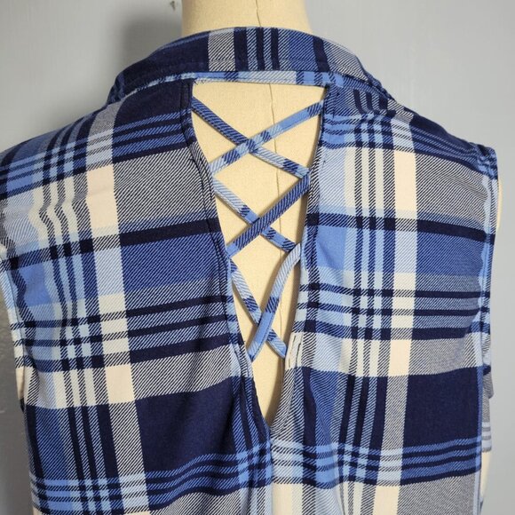 Unbranded Medium Blue White Plaid Collared Sleeveless Button Front Tank Top - Picture 8 of 8